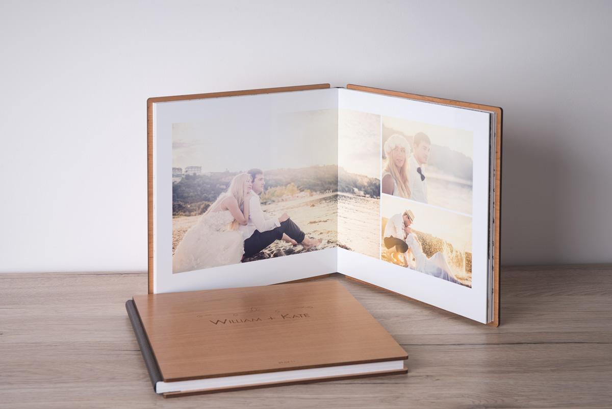 Matted wedding album with chartreuse fabric cover and sewn binding